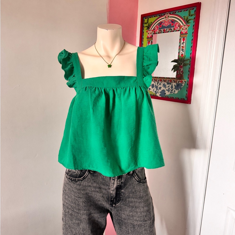 Sienna Sky Green Ruffle Straps And Back Tie Detail Flowy Summer Top